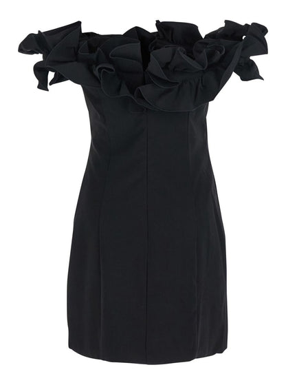 Black Dress With Ruffle Decorations And Ruffle Details In Tech Fabric Woman