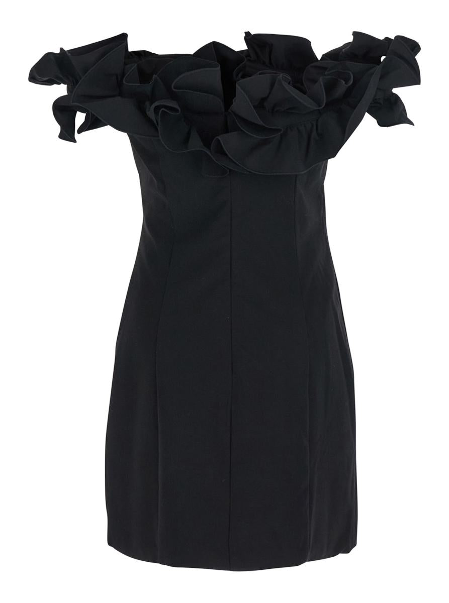 Black Dress With Ruffle Decorations And Ruffle Details In Tech Fabric Woman