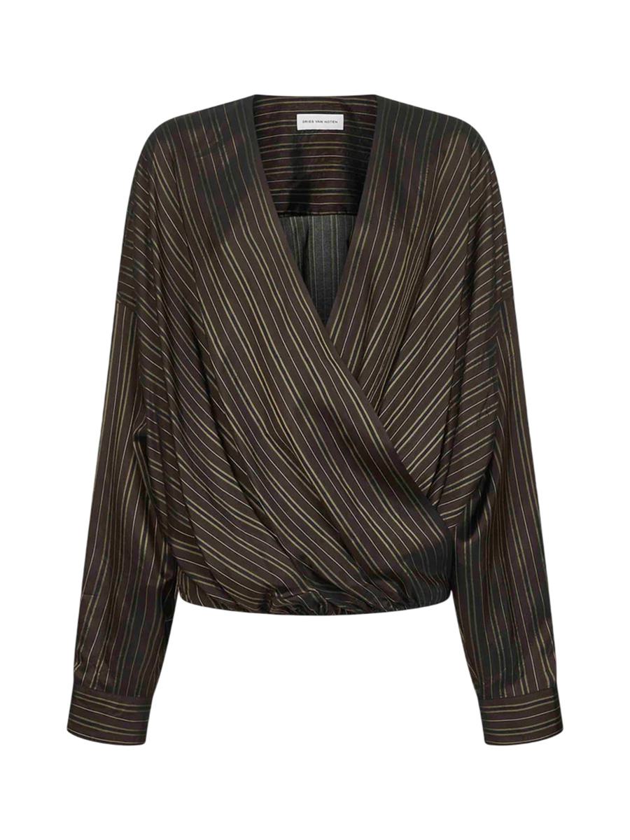 Dries Van Noten Brown Striped Cupro Draped Blouse