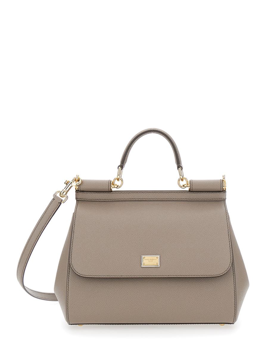 Grey Handbag With Adjustable And Removable Shoulder Strap And Logo Plaque On The Front In Grained Leather Woman