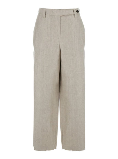 Beige Pants With Hidden Front Closure And Applied Buttons In Linen Woman