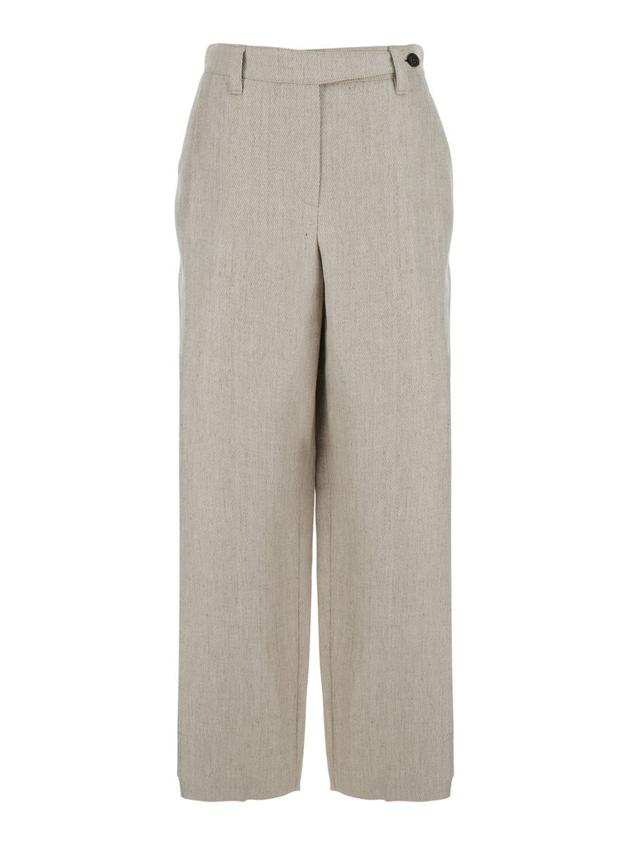Beige Pants With Hidden Front Closure And Applied Buttons In Linen Woman
