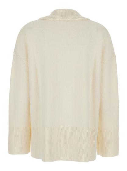 White Sweater With Polo Shirt Style Collar And Dropped Shoulder In Wool And Cashmere Woman