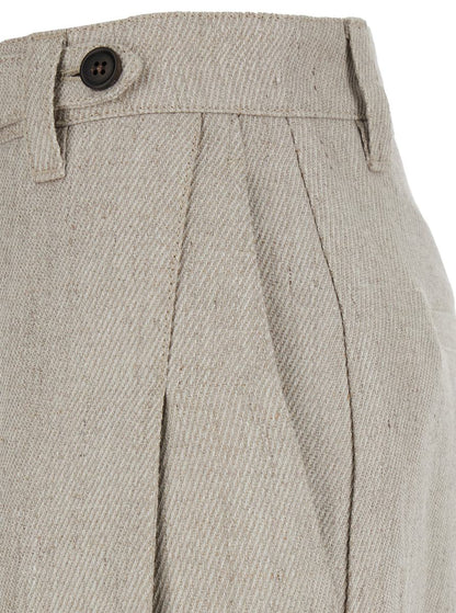 Beige Pants With Hidden Front Closure And Applied Buttons In Linen Woman