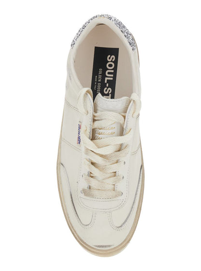 'Soul-Star' White Low-Top Sneaker With Glitter Heel And Logo Lettering In Leather Woman