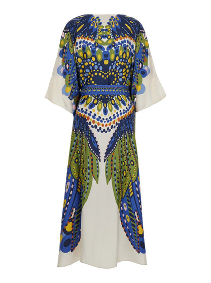 Multicolor Kaftan With Belted Waist And All-Over Graphic Print In Silk Woman