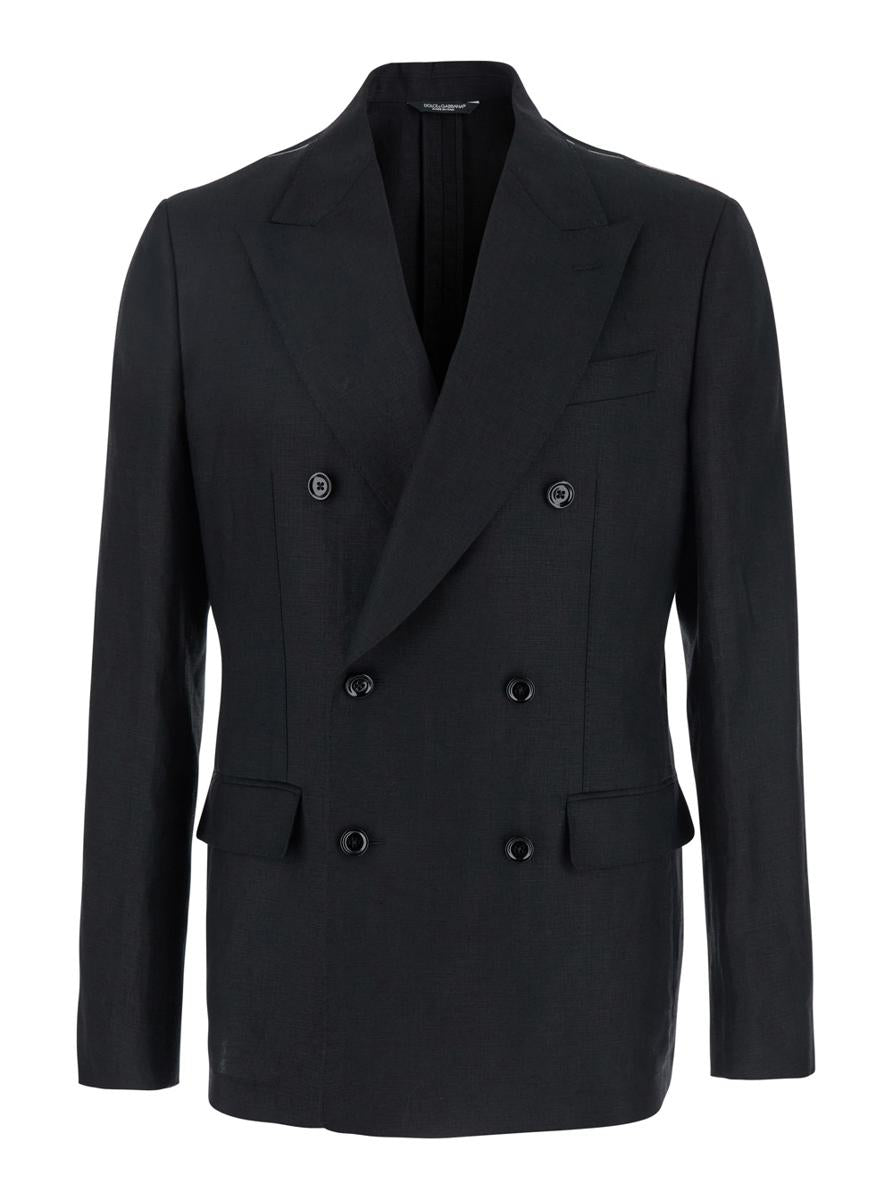 Black Double-Breasted Jacket With Peak Revers In Linen Man