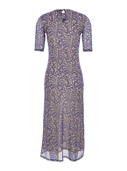Blue Long Dress With Maxi Floral Print On The Front And All-Over Print In Tech Fabric Woman