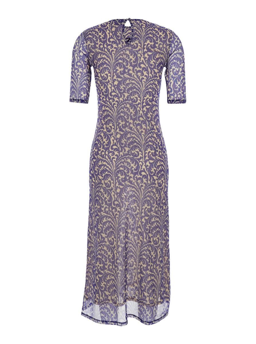 Blue Long Dress With Maxi Floral Print On The Front And All-Over Print In Tech Fabric Woman