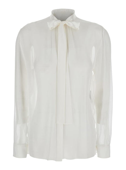 White Shirt With Pussy-Bow Collar In Silk Woman