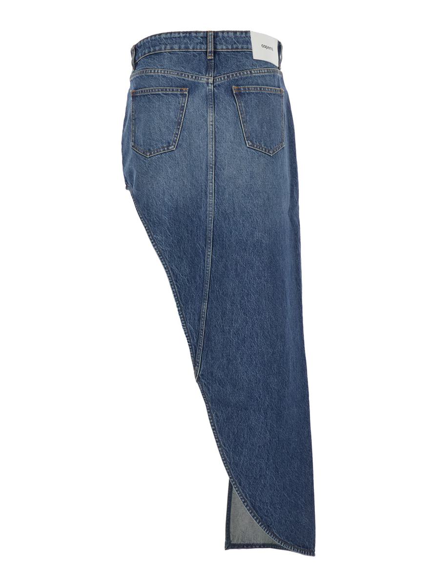 Blue Skirt With Logo Patch On The Rear And Diagonal One-Leg Cut In Denim Woman