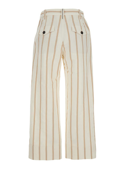 Multicolor Crop Pants With All-Over Striped Motif And Monile Detail In Linen And Cotton Blend Woman