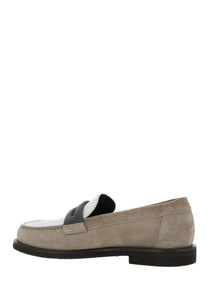 Beige Loafers With Monile Detail And Chain In Suede Woman