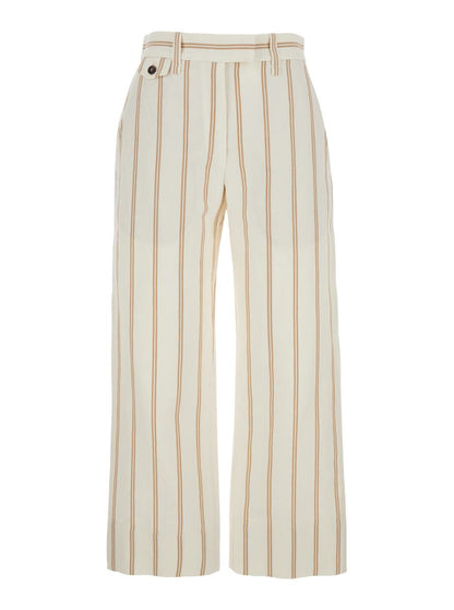 Multicolor Crop Pants With All-Over Striped Motif And Monile Detail In Linen And Cotton Blend Woman