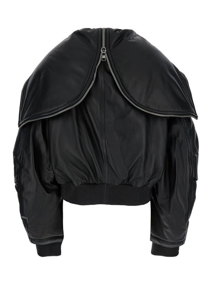Black Bomber Jacket With Zipped Oversized Hood In Leather Woman
