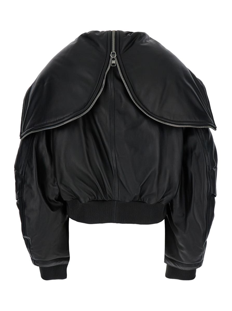 Black Bomber Jacket With Zipped Oversized Hood In Leather Woman