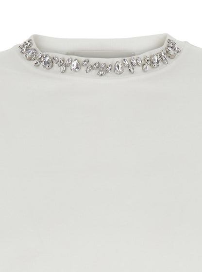White Crewneck T-Shirt With Rhinestone Embellishments On The Collar And Logo Detail On The Rear In Cotton Woman