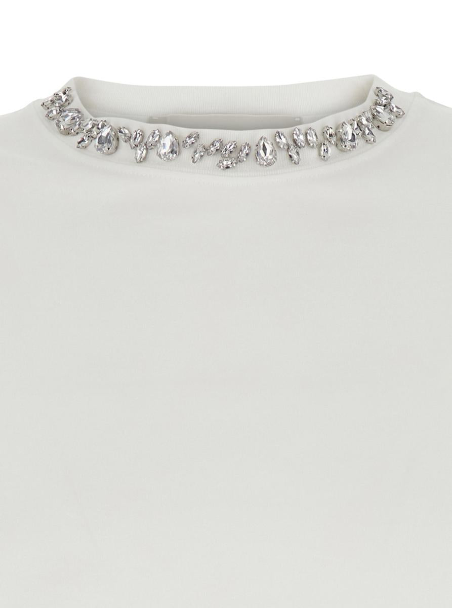 White Crewneck T-Shirt With Rhinestone Embellishments On The Collar And Logo Detail On The Rear In Cotton Woman