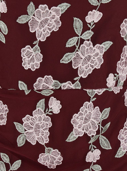 Bordeaux Dress With All-Over Floral Embroidery In Fabric Woman