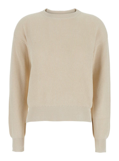 Beige Crewneck Sweater With Dropped Shoulders In Cotton Woman