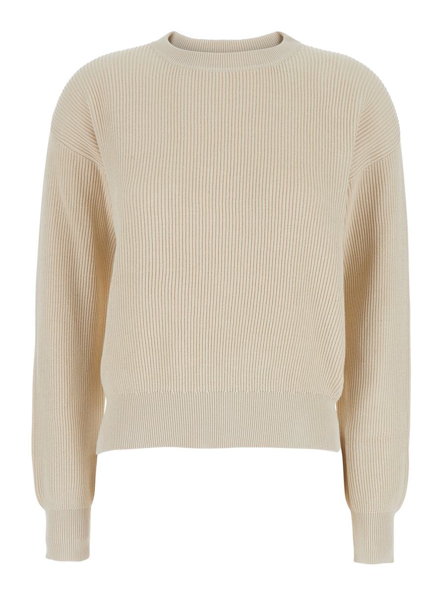 Beige Crewneck Sweater With Dropped Shoulders In Cotton Woman