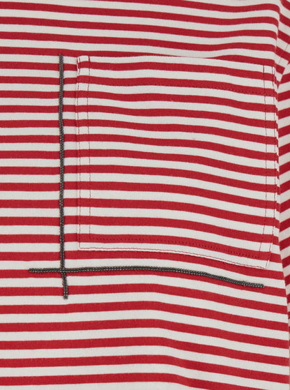 Red Crewneck T-Shirt With All-Over Striped Motif And Jewel Detail On The Front In Cotton Woman