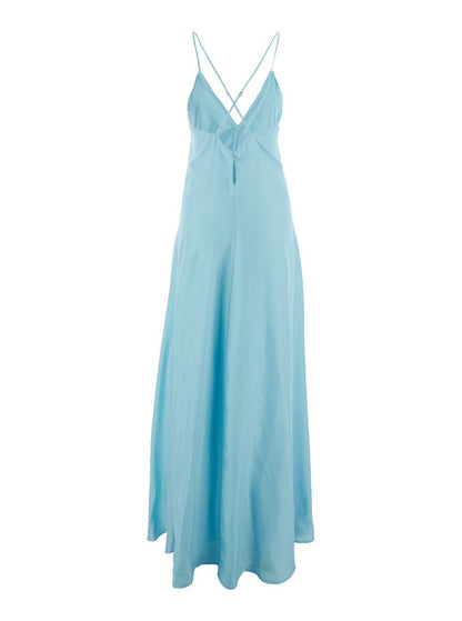 Light Blue Sleeveless Long Dress With Criss-Crossed Spaghetti Straps And Rear Button Closure In Tech Fabric Woman