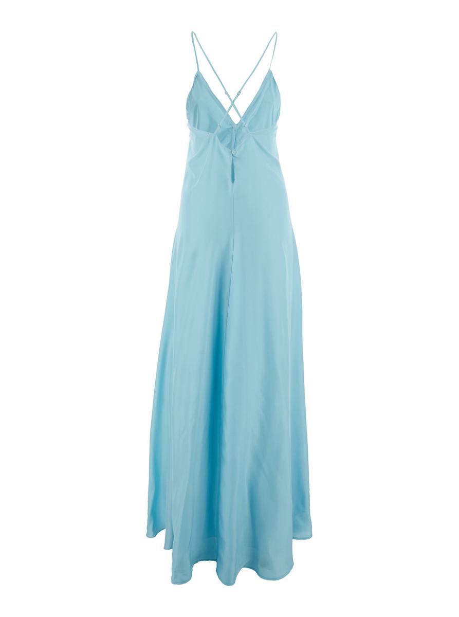 Light Blue Sleeveless Long Dress With Criss-Crossed Spaghetti Straps And Rear Button Closure In Tech Fabric Woman