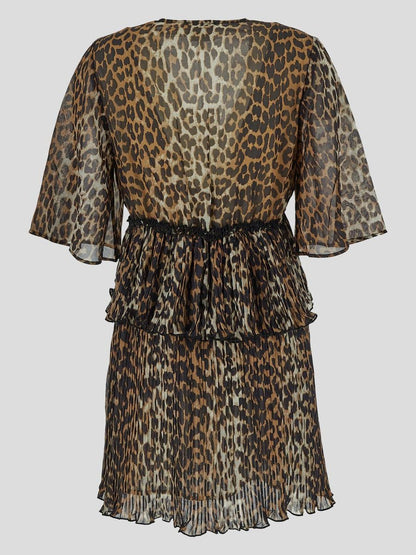 Ganni Pleated Georgette V-Neck Flounce Mini Dress